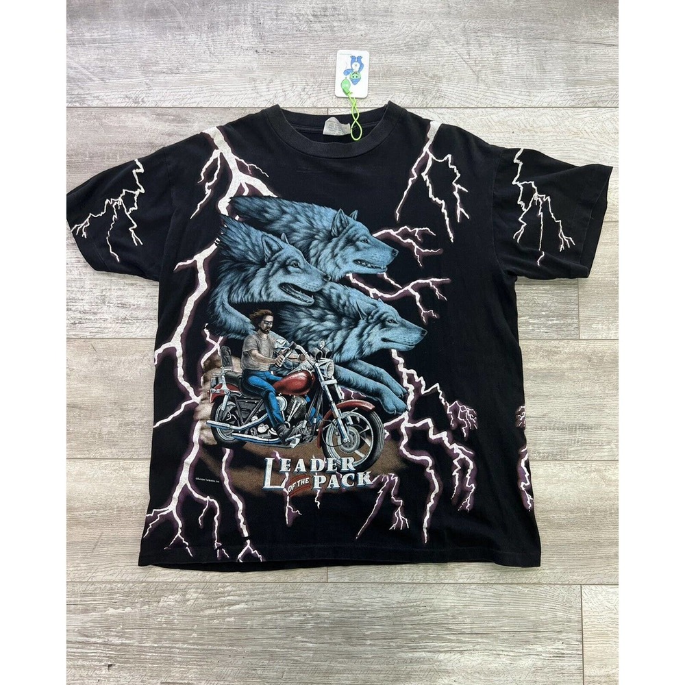 Vintage 90s American Thunder Lightning Motorcycle Wolf Nature T-Shirt Size L